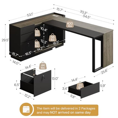 70" Executive Desk with Cabinet Storage, L-Shaped Office Desk with 3 Drawers and Shelves, Large Computer Desk Business Furniture for Home Office (Gray & Black)