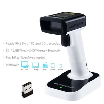 ScanAvenger Wireless Portable 1D with Stand Bluetooth Barcode Scanner: Hand Scanner 3-in-1, Cordless, Rechargeable Scan Gun for Inventory (1D&2D with LCD Display and Upgraded Next Gen Stand) - style: 1D&2D with LCD Display and Upgraded Next Gen Stand