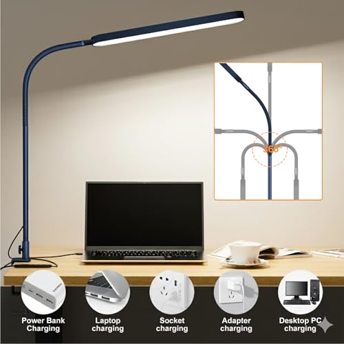 SKYLEO LED Desk Lamp - Desk Light for Home Office - Flexible Gooseneck - 5 Color Modes X 11 Brightness Levels - 1300LM - Timmer & Memory Function - 12W Clip on Light - Blue - style: Blue gooseneck