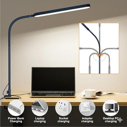 SKYLEO LED Desk Lamp - Desk Light for Home Office - Flexible Gooseneck - 5 Color Modes X 11 Brightness Levels - 1300LM - Timmer & Memory Function - 12W Clip on Light - Blue - style: Blue gooseneck