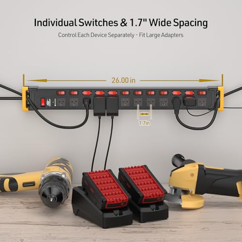CRST 12-Outlet Metal Power Strip with Individual Switches, 15A/1875W, 9FT | Wide Spacing for Bulky Plugs, 1020J Surge Protector Power Strip with Cable Management, Perfect for Home Garage Shop School - color: Black, size: 12 Outlet-9FT