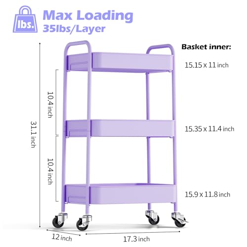 TOOLF 3 Tier Metal Rolling Cart, Utility Storage Cart with Wheels, Purple | Screwless Assembly, Lockable Metal Wheels, Trolley Organizer for Bathroom, Kitchen, Office, Dorm, Laundry, Craft Room - color: Purple, size: 3-Tier