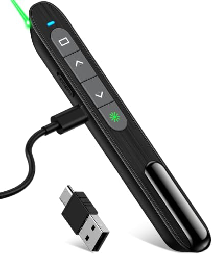 USB C Rechargeable Presentation Clicker with Green Light, Remote Clicker for Presentations Wireless Presenter Slide Changer PPT Advancer with Volume Control for Laptop Computer - color: Green L+Rechargeable