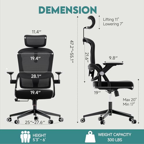 Monhey Ergonomic Office Desk Chair, 90°-125° Tilt Back Home Desk Chair with 360° Swivel & Mute Wheels, High Back Mesh Computer Chair for Adults with Lumbar Support, 330 LBS Capacity(05Black) - color: 05black