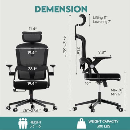Monhey Ergonomic Office Desk Chair, 90°-125° Tilt Back Home Desk Chair with 360° Swivel & Mute Wheels, High Back Mesh Computer Chair for Adults with Lumbar Support, 330 LBS Capacity(05Black) - color: 05black