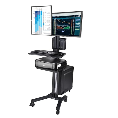 Yescom NexusX Commander Mobile Computer Cart on Wheels Rolling PC Stand | Workstation Dual Monitor Mount Adjustable IT Datacenter Warehouse ANSI/BIFMA X5.5-2021 Certificated Black - color: Black, size: 2 Monitor-28"