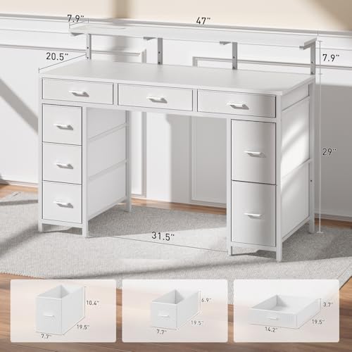 HLDIRECT 47 Inch Gaming Desk with LED Light and 8 Storage Drawers, White - color: White