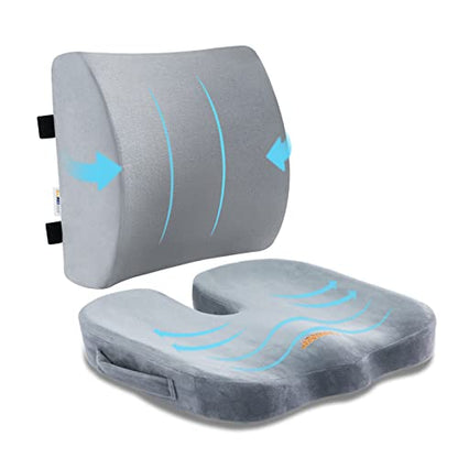 SAIREIDER Lumbar Support Pillow and Office Chair Cushion, Memory Foam Car Seat Cushions Back Support Pillows, Reduce Pressure On Tailbone and Sciatic Nerve, Relieve Pain of Back and Lumbar(Grey) - color: Seat Cushion&lumbar Pillow-grey