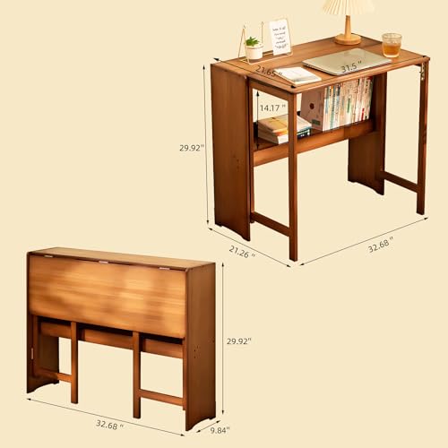 32.68" Space Saver Transformer Desk, Skinny Mid Century Modern Writing Table, Bamboo Foldable Study Table for Small Spaces, Compact Computer Desk for Bedroom Home Office Dorm Apartment (Walnut)