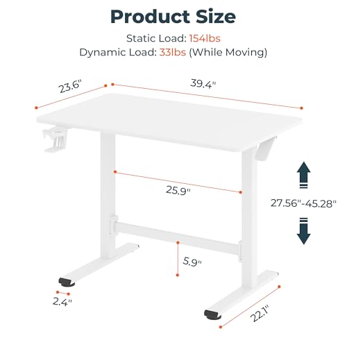40''Pneumatic Standing Desk,Onepiece Adjustable Height Home Office | White 39.4"x23.6" Home Desk Rolling Computer Workstation with Hooks & Cup Holder,Hidden Casters - color: White, size: 4024