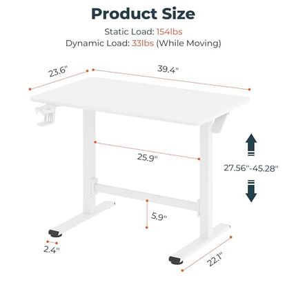 40''Pneumatic Standing Desk,Onepiece Adjustable Height Home Office | White 39.4"x23.6" Home Desk Rolling Computer Workstation with Hooks & Cup Holder,Hidden Casters - color: White, size: 4024