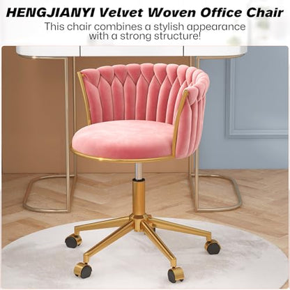 HENGJIANYI Velvet Woven Home Swivel Vanity Desk Chair with Gold Base, Pink | Modern Height Adjustable Office Chair with Metal Base and Hand Weaving Back Wheels for Bedroom Study Small Space girl women - color: Pink