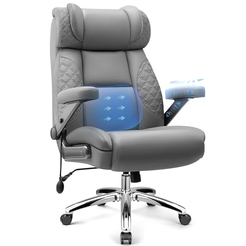 Big and Tall Office Chair for Heavy People, 500LBS Wide Seat Computer Desk Chair, Extra Large Executive Gaming Chair with Adjustable Lumbar Support and 5D Flip Arms, Comfy Heavy Duty Office Chair - color: Grey