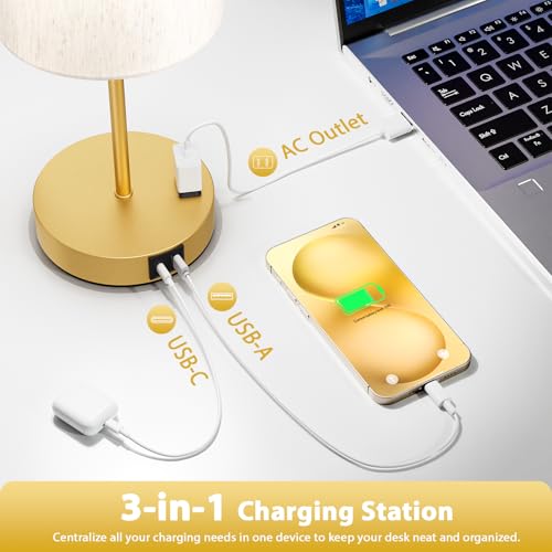 17.6" Gold Touch Lamps for Bedroom Set of 2 - Dimmable, USB C+A, AC Outlet | Large 17.6" Tall Lamp, 3-Way Dimming, 5000K Daylight Bulbs, Cream Lampshade Gold Base, for Living Room, Boys, Men, Girls - color: Gold