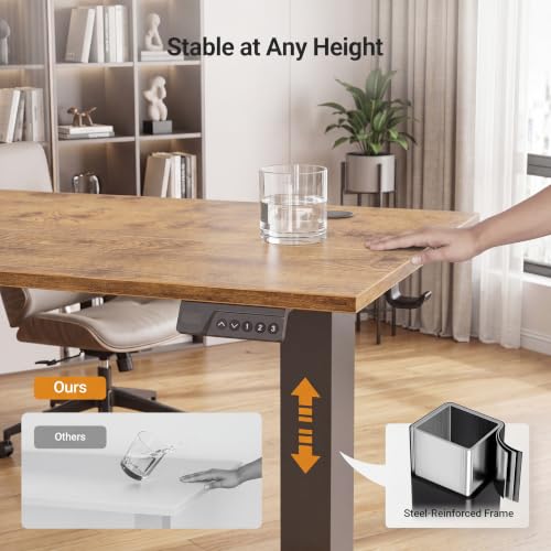 Claiks Electric Height Adjustable Standing Desk, 55x24 Inch, Rustic Brown | Smooth Height Adjustment, 3 Memory Presets, Cable management hub & hook, Stable Steel Frame, 156 lbs Capacity, Easy Assembly - color: Rustic Brown, size: 55