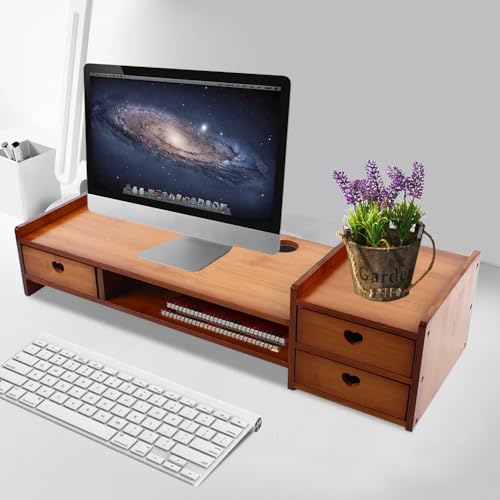 Bamboo Monitor Stand with Drawer, Multi-purpose Wood Monitor Riser Desk Organizer, Sturdy Desk Shelf for Notes Pen Computer Laptop Printer TV