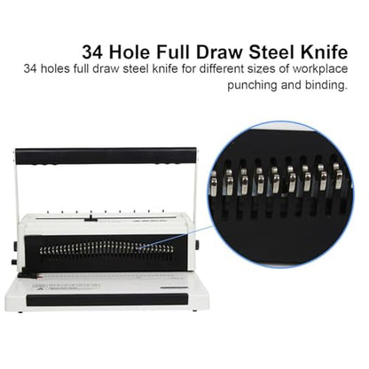 Book Punching Binding Machine, Manual Twin Loop Wire Binder, Adjustable Number of Holes, 20 Sheets Punch Capacity, 3:1 Pitch Binding, for Reports, Contracts, Booklets, and School Documents