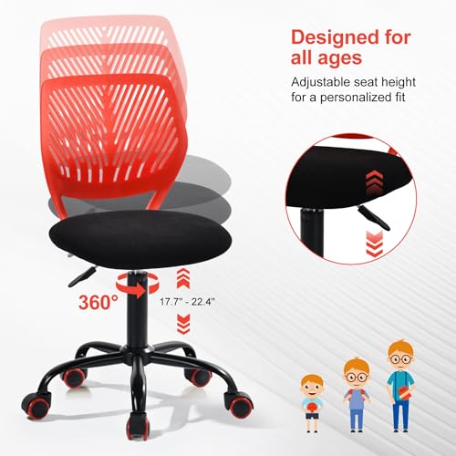 Homy Casa Adjustable Swivel Dining Chair with Wheels, Padded Seat, Red | Adjustable height, 360° swivel and smooth-rolling casters with a padded seat for flexible dining, kitchen and work seating. - color: Red