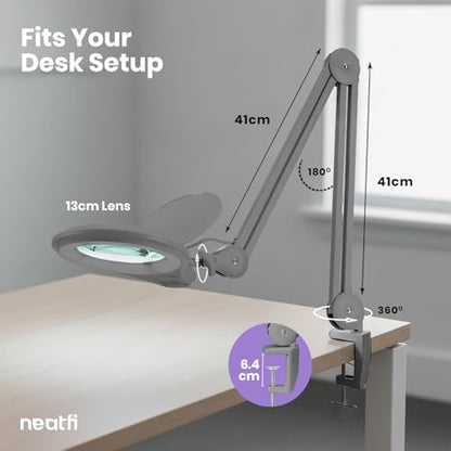 Neatfi LED Bifocal Magnifying Lamp 1,200 Lumens – 5” Glass Lens, Dual Magnification 2.25X/6X, Dimmable | Adjustable Arm with Clamp | Crafting, Jewelry & Reading (5 Diopter + 20 Diopter, Silver) - color: Silver, size: 5 Diopter + 20 Diopter