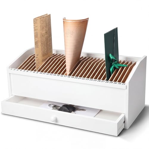 Wood Desktop Organizer with Drawer, 17 Inch 32 Section Bill & Mail & File Organizer Storage for Office Desk, Desktop Mail Holder and Office Supplies Storage, Letter and Paper Sorter (White) - color: White