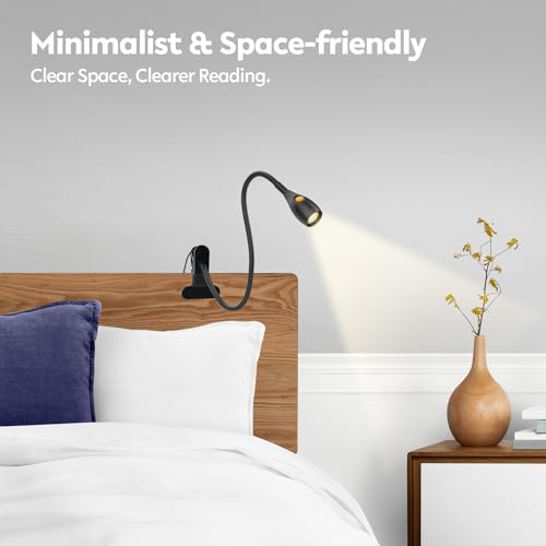 acegoo Minimalist Clip On Reading Light, Head Switch Headboard Book Lamp | With USB-C Adapter, Flexible Neck, Amber NightLight, All-Metal Design, CRI 90+, For Bed Headboard Bedroom Home Desk, Black - color: Black
