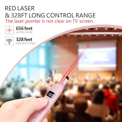 N21 Bluetooth Presentation Clicker for PowerPoint with Retractable Pointer | ①Laser Pointer②Telescopic touch pen③Countdown timer, vibration alert ④Customizable Button ⑤Rechargeable;battery level display - color: Pink - Red Pointer