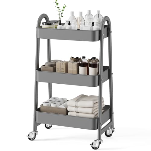 NEWBULIG 3-Tier Metal Rolling Cart with Lockable Wheels, Heavy Duty Mobile Utility Storage Shelf, Roller Book Snack Cart, Grey - color: Gray, size: 3 Shelves