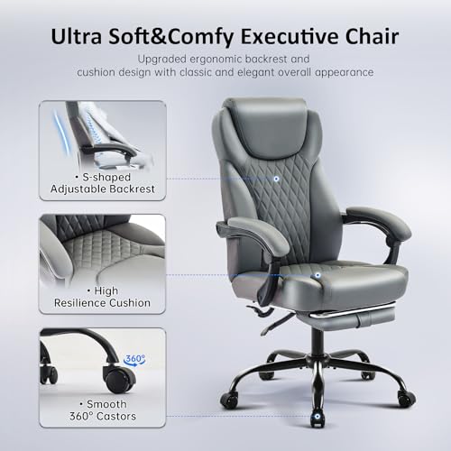 amseatec Big and Tall Office Chair with Footrest, Lumbar Support, Grey - color: Grey