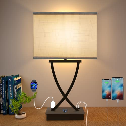 OYedis Fully Dimmable Medium Table Lamp for Bedroom with Type C/USB Charging Port and 1 AC Outlet White Shade 21.38" Bedside Nightstand Lamp for Living Room Office and Hotel Bulb Included - color: Matte black with Rotary Switch