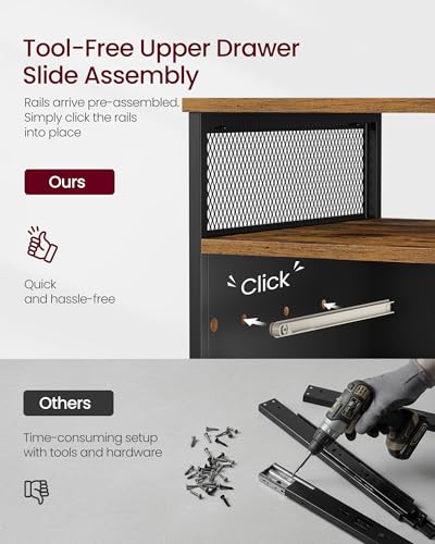VASAGLE 2 Drawer File Cabinet with Lock, Rolling Printer Stand - color: Rustic Brown + Ink Black, style: with Lock and Fences