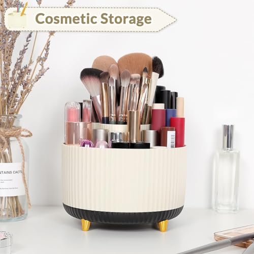 SKYDUE 360 Rotating Organizer, Dual-Purpose Pencil Pen Holder, 5-Slot Rotating Pencil Cup for Office, School, Home (Beige-Black) - color: BeigeBlack_1Pack