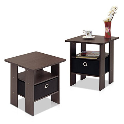 Furinno Andrey Set of 2 End Table / Side Table / Night Stand / Bedside Table with Bin Drawer, Dark Brown/Black | Open Shelf and Storage Bin, Modern Night Stand, Bedside Table, for Small Spaces, Study, Dorm, Living Room, Bedroom - color: Dark Brown/Black,