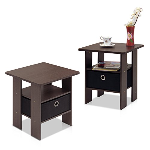 Furinno Andrey Set of 2 End Table / Side Table / Night Stand / Bedside Table with Bin Drawer, Dark Brown/Black | Open Shelf and Storage Bin, Modern Night Stand, Bedside Table, for Small Spaces, Study, Dorm, Living Room, Bedroom - color: Dark Brown/Black,
