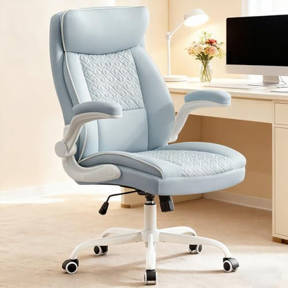 Executive Office Chair with High Back, Computer Desk Chair with Lumbar Support,Comfortable Leather Home Office Chairs 400lbs with Padded Flip-up Armrests, Adjustable Height,Tilting, LightBlue - color: Blue