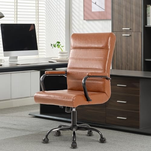 Office Desk Chair,Modern Leather Conference Room Chairs,High Back Home ofiice Chair,Adjustable Height Swivel Executive Computer Chair with Armrest and Padded Seat,Brown with Black Frame - color: Brown/Black Frame