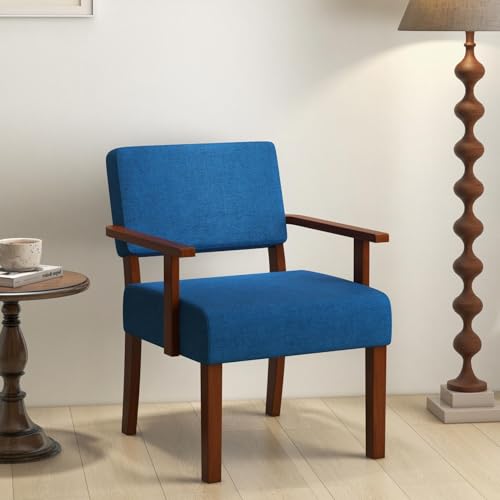 Giantex Mid Century Modern Accent Chair Blue - Linen Living Room Arm Chair w/Soft Padded Seat & Backrest, Rubber Wood Frame, Upholstered Reading Chair for Living Room, Bedroom, Reception - color: Blue