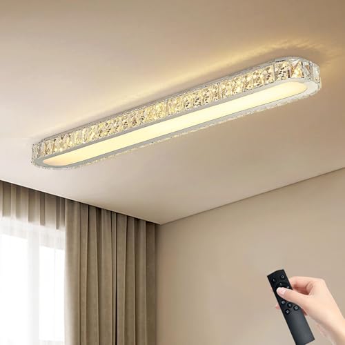 Qcyuui Dimmable LED Ceiling Light 39.4'' Kitchen Lighting Fixtures Ceiling Modern Luxury Crystal Ceiling Light with Remote Chrome Long Ceiling Light Fixture for Kitchen Dining Room Hallway,48W - color: Chrome/Dimm/48W/39.4IN/Crystal, size: 39.4in