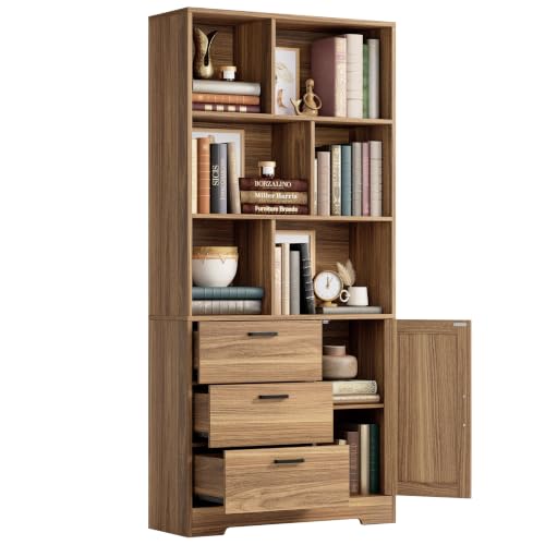 IRONCK 70.9-Inch Bookcase with Doors and 3 Drawers, Oak Brown | 6 Open Cubes for Display and Storage, Ample Storage for Books and Decor, Suitable for Living Room, Home Office - color: Oak Brown