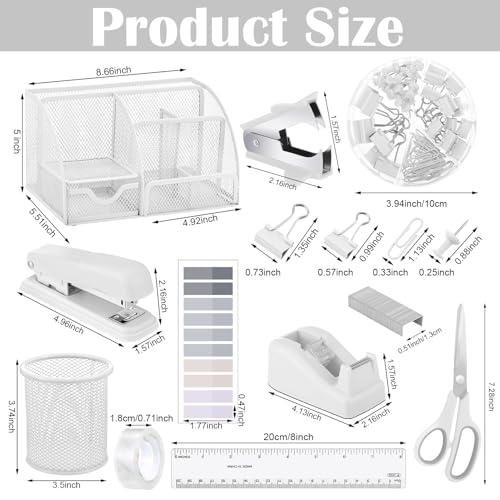 11 in 1 Desk Organizers and Accessories - White Office Supplies - Includes White Stapler, Tape Dispenser, Pen Holder, Staple Remover, Clips, Ruler, Scissors, Tapes, Tabs - color: White