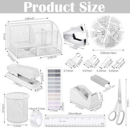11 in 1 Desk Organizers and Accessories - White Office Supplies - Includes White Stapler, Tape Dispenser, Pen Holder, Staple Remover, Clips, Ruler, Scissors, Tapes, Tabs - color: White