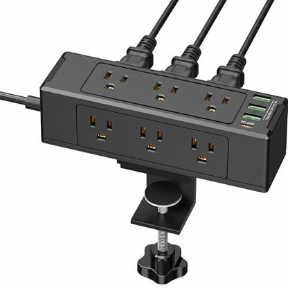 Desk Clamp Power Strip, Desktop Mount Charging Station with 9 Outlets 4 Smart USB Ports, 6.5Ft Under Desk Power Strip, Fits 1.6" Tabletop Edge, Extension Cord for Home Office, Black