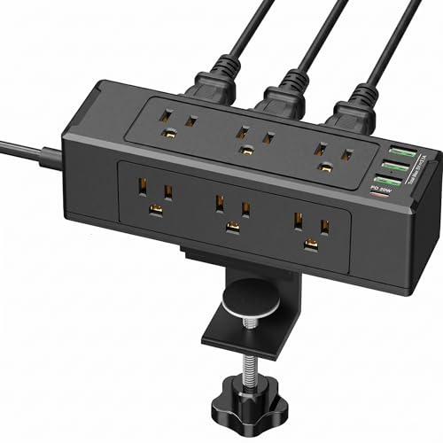 Desk Clamp Power Strip, Desktop Mount Charging Station with 9 Outlets 4 Smart USB Ports, 6.5Ft Under Desk Power Strip, Fits 1.6" Tabletop Edge, Extension Cord for Home Office, Black