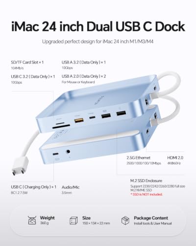 11-in-1 USB C Hub for iMac 24" 2021-2024 with M.2 NVMe 4TB SSD Enclosure | PULWTOP Aluminum iMac Hub with HDMI 4K@60Hz, 2.5G Ethernet, 5 USB A/C 10Gbps, SD/TF, Audio, iMac M4 Dock for M1/M3/M4, Blue - color: Blue