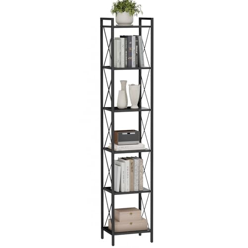 Homhedy 6 Tier Small Bookshelf, Tall Narrow Bookcase, Metal Book Shelf | Industrial Style for Small Spaces, Home, Office, Living Room, Kitchen, Bedroom , 10.4" D x 13" W x 67.4" H, Black - color: Black, size: 10.4"D x 13"W x 67.4"H