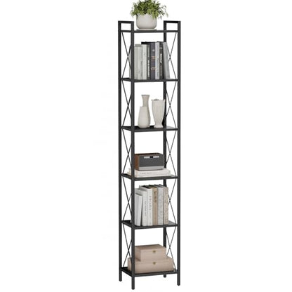 Homhedy 6 Tier Small Bookshelf, Tall Narrow Bookcase, Metal Book Shelf | Industrial Style for Small Spaces, Home, Office, Living Room, Kitchen, Bedroom , 10.4" D x 13" W x 67.4" H, Black - color: Black, size: 10.4"D x 13"W x 67.4"H