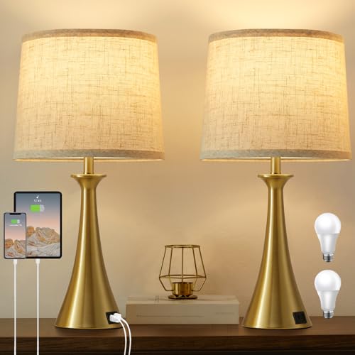 Touch Table Lamps Set of 2, 21" Bedside Lamps with USB C+A, Gold | 3 Way Dimmable Nightstand Lamps with Linen Shades, 2 LED Bulbs Included, Touch Lamp for Living Room, Bedroom and End Tables - color: Gold 2pcs