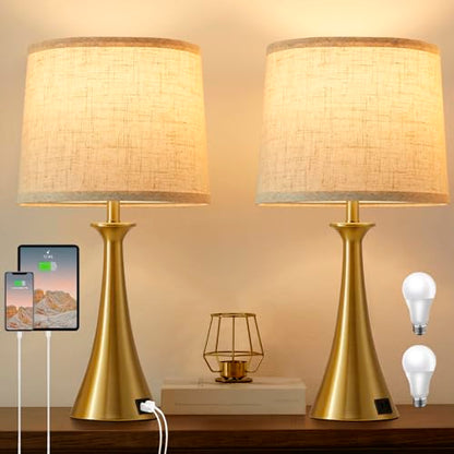Touch Table Lamps Set of 2, 21" Bedside Lamps with USB C+A, Gold | 3 Way Dimmable Nightstand Lamps with Linen Shades, 2 LED Bulbs Included, Touch Lamp for Living Room, Bedroom and End Tables - color: Gold 2pcs