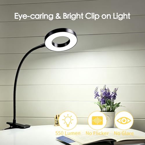 Desk Clip on Lamp for Reading Home Office, Book Light, 10 Dimmable Brightness 3 Modes, Clamp Light for Bed Headboard