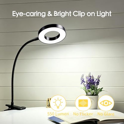 Desk Clip on Lamp for Reading Home Office, Book Light, 10 Dimmable Brightness 3 Modes, Clamp Light for Bed Headboard