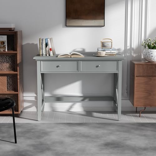 Lewahom Computer Desk with 2 Drawers, Elegant Home Office Writing Study Desk with Storage, Modern Simple Vanity Desk Console Table for Living Room, Grey - color: Grey